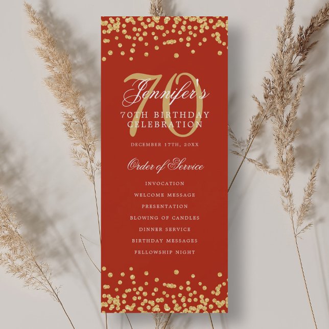 70e anniversaire Programme Gold Red Confetti (70th Birthday Program Gold Red Confetti)