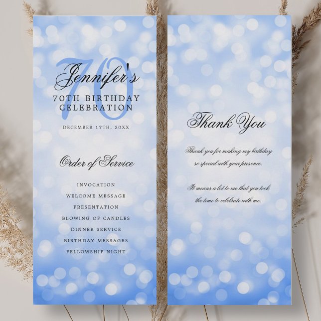 70e anniversaire Programme Marine Blue Bokeh Merci (70th Birthday Program Navy Blue Bokeh Thank You)