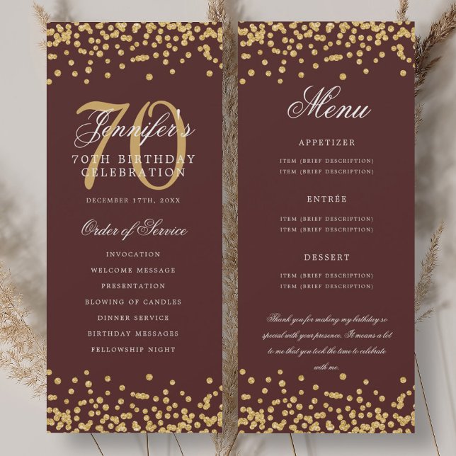 70e anniversaire Programme Menu Merci Gold Bourgog (70th Birthday Program Menu Thank You Gold Burgundy)