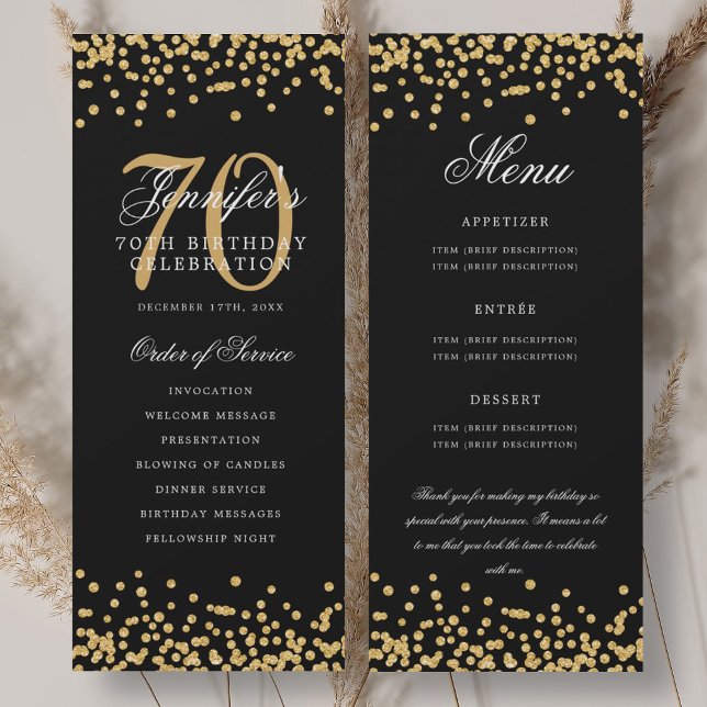 70e anniversaire Programme Menu Merci Gold Confett (Créateur téléchargé)