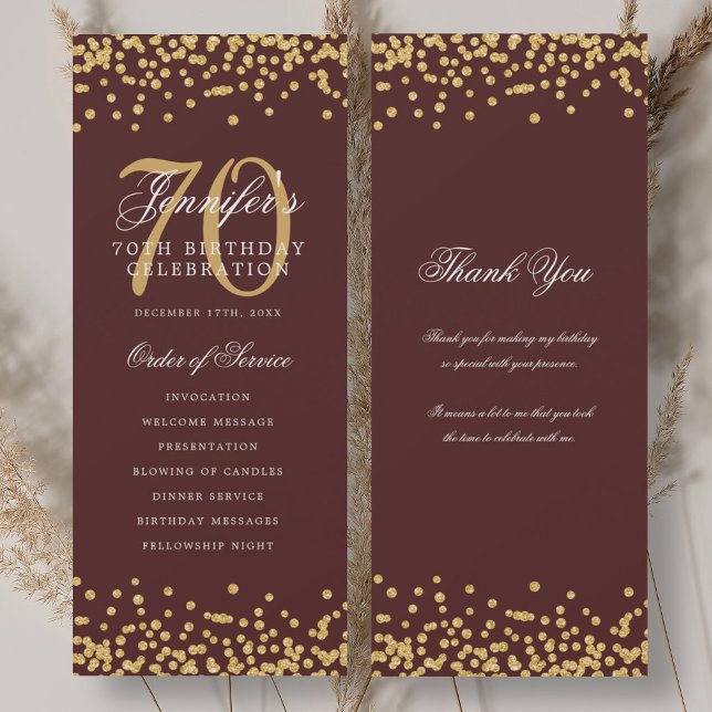 70e Anniversaire Programme Merci Gold Bourgogne (70th Birthday Program Thank You Gold Burgundy )