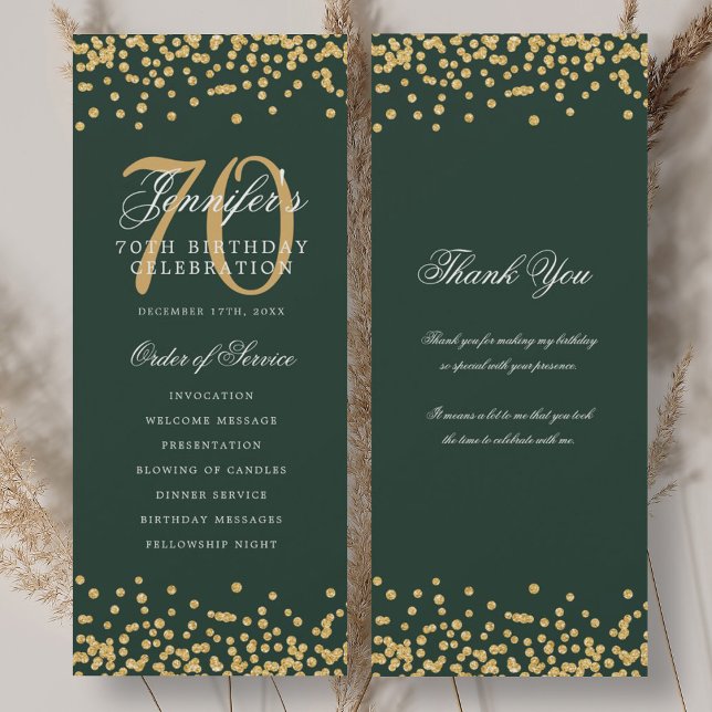 70e Anniversaire Programme Merci Gold Green (70th Birthday Program Thank You Gold Green)