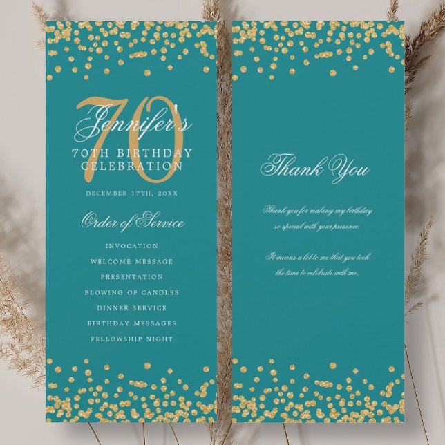 70e Anniversaire Programme Merci Or Turquoise (70th Birthday Program Thank You Gold Turquoise )