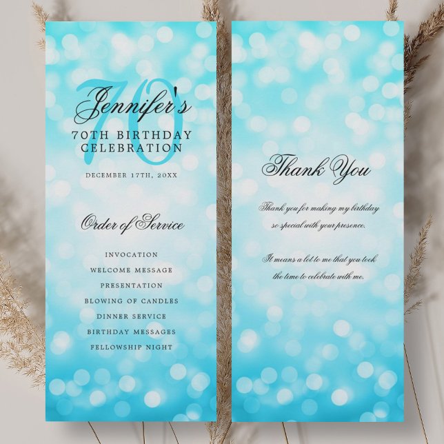 70e anniversaire Programme Turquoise Bokeh Merci (70th Birthday Program Turquoise Bokeh Thank You)