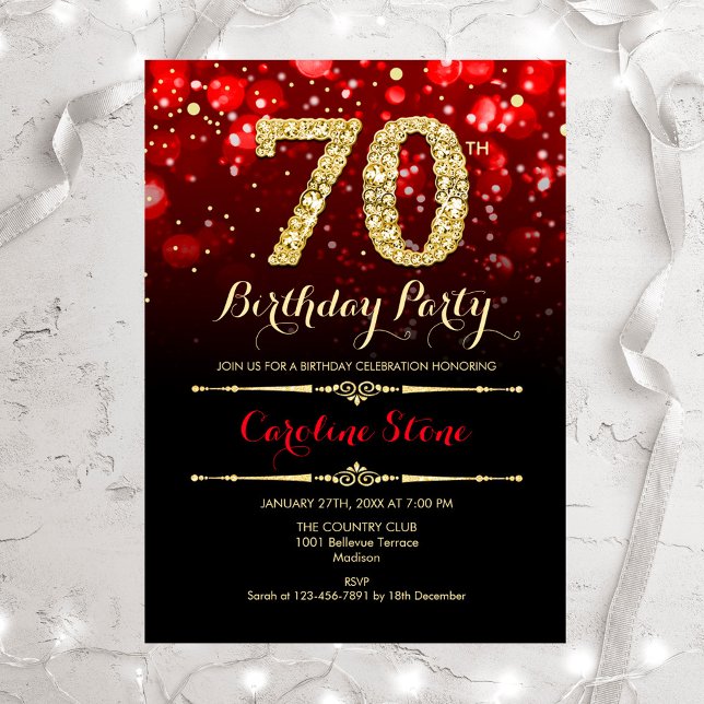 70e anniversaire - Red Black Gold Invitation (Créateur téléchargé)