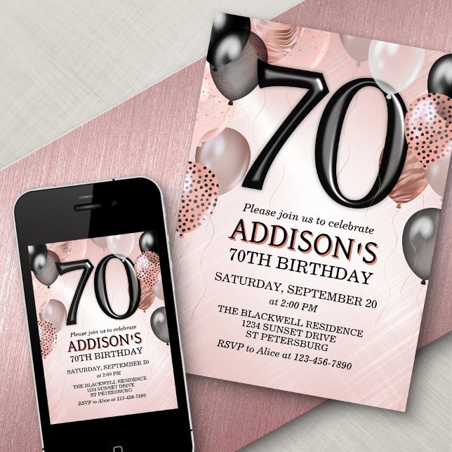 70e anniversaire Rose Gold Ballons Invitation (Créateur téléchargé)