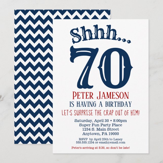 70e Anniversaire Surprise Invitation Homme Marine  (Devant / Derrière)