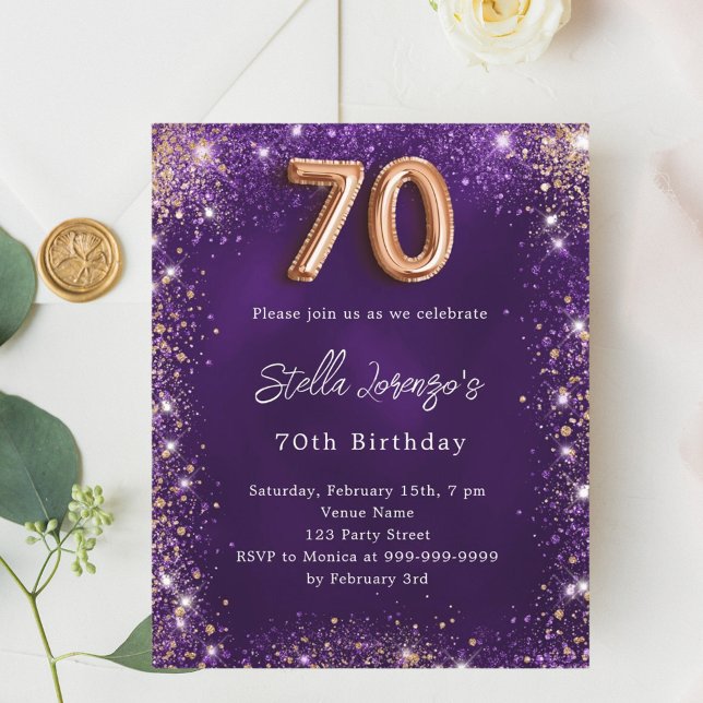 70e Anniversaire violet rose invitation or (Créateur téléchargé)