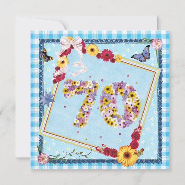 70e fête d'anniversaire Invitation fleurs, papillo (Devant)