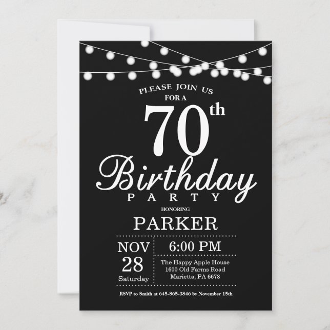 70e Invitation d'anniversaire noir et blanc (Devant)