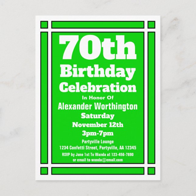 70e simple Green Birthday Invitation Carte postale (Devant)