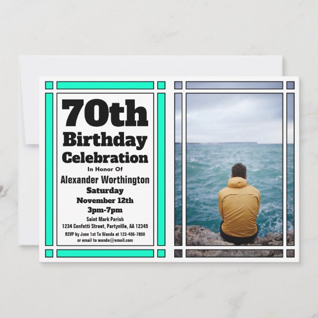 70ème photo turquoise Invitation fête d'anniversai (Devant)