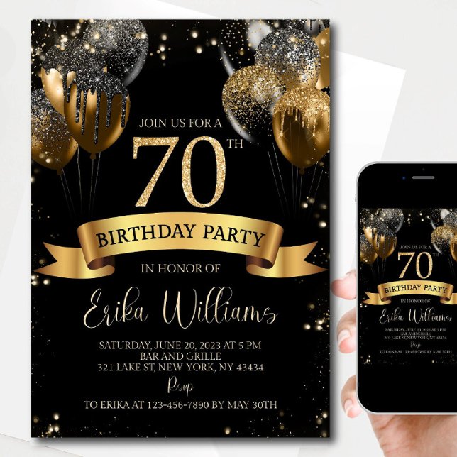 70th Birthday Invitation Template: Black & Gold Ba (Créateur téléchargé)