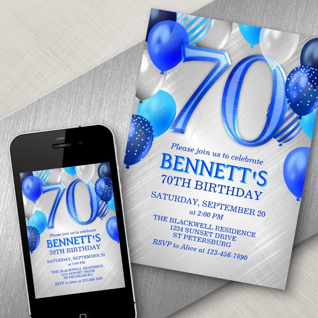 70th Mens Blue Anniversaire Invitation (Créateur téléchargé)