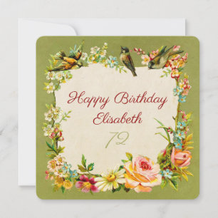72e anniversaire vintage fleurs & oiseaux carte an