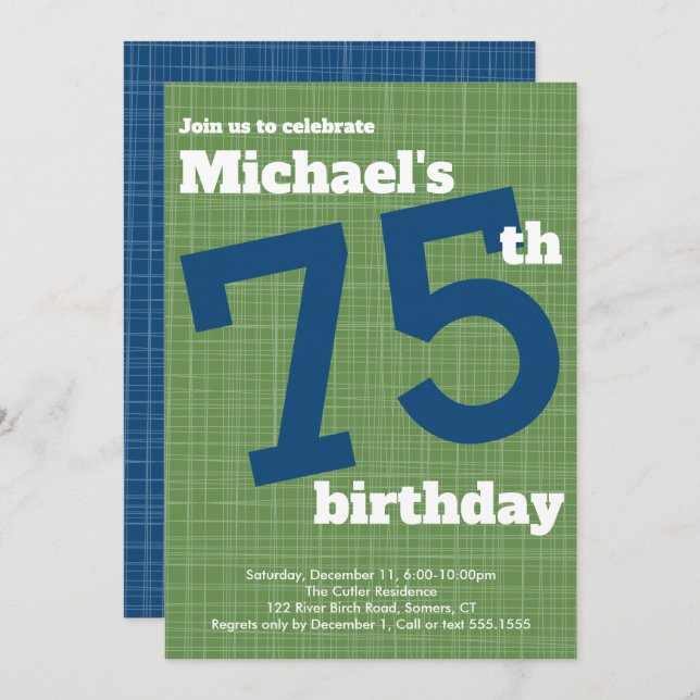 75e anniversaire Invitation Bleue avec Accent Vert (Devant / Derrière)