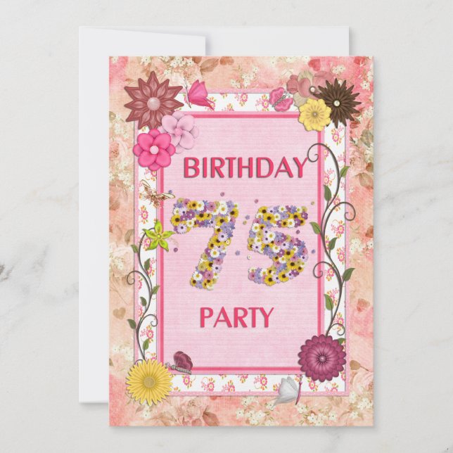 75e anniversaire invitation fête avec cadre fleuri (Devant)