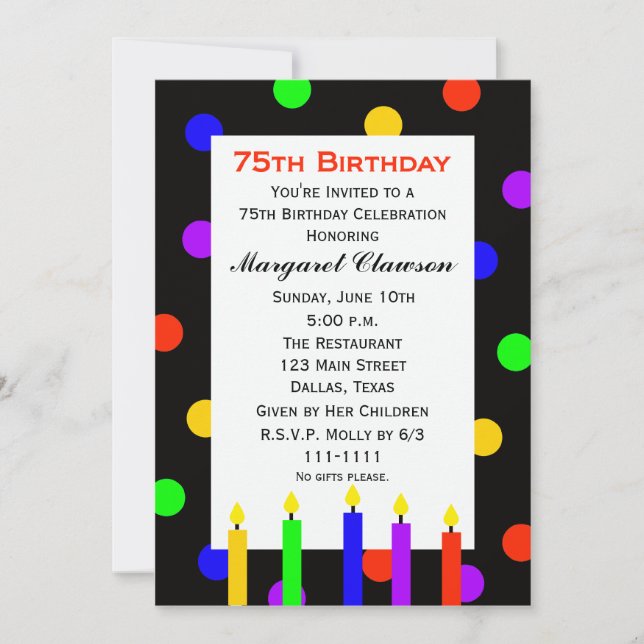 75e anniversaire Invitation fête bougies et points (Devant)