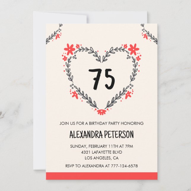 75e anniversaire invitations pour son coeur floral (Devant)