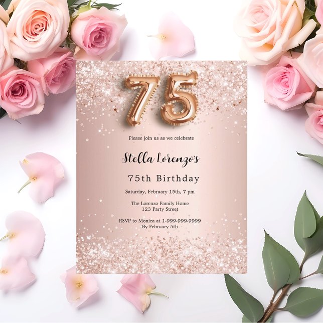 75e anniversaire rose invitation confetti rose or (Créateur téléchargé)