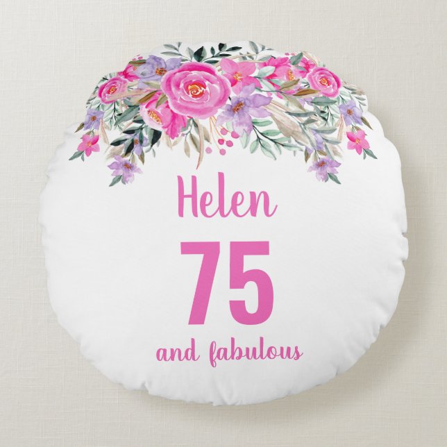 75e anniversaire rose nom floral ronde coussin (Devant)