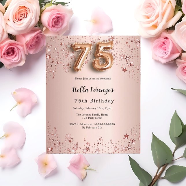 75e anniversaire rose or rose étoiles invitation (Créateur téléchargé)