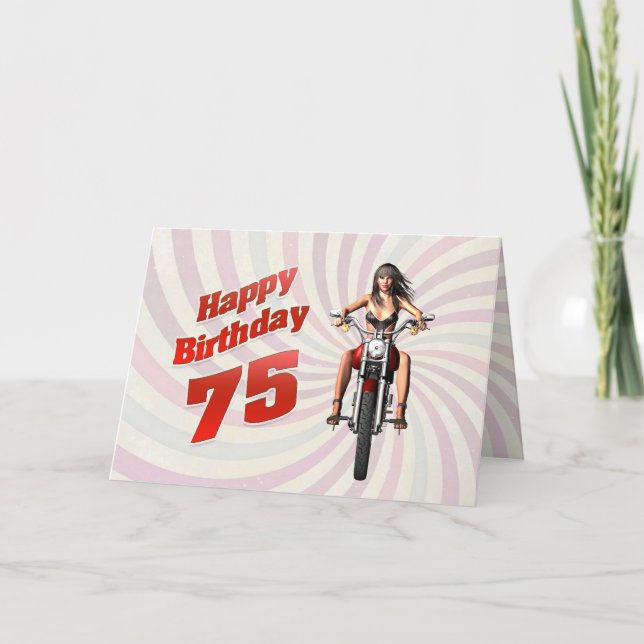 75e carte d'anniversaire avec une fille de moto (Devant)