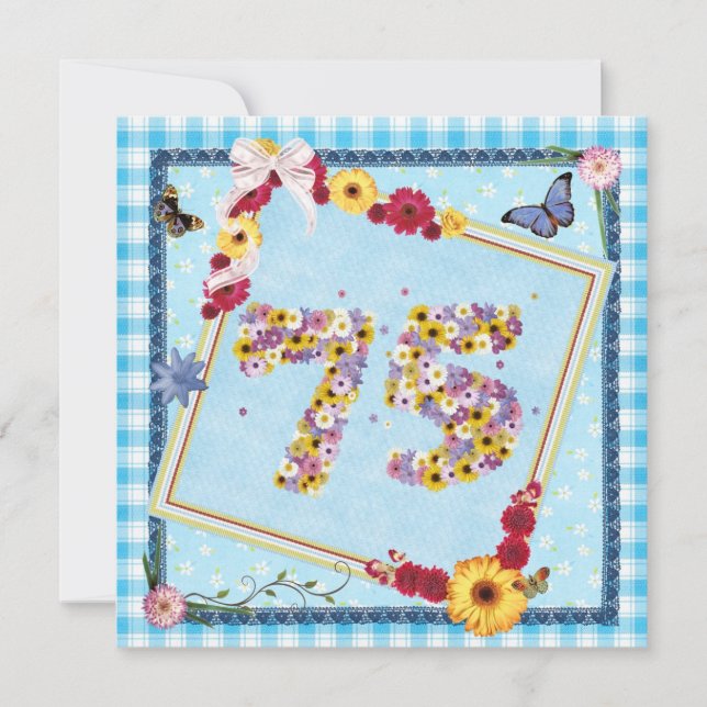 75e fête d'anniversaire Invitation fleurs, papillo (Devant)