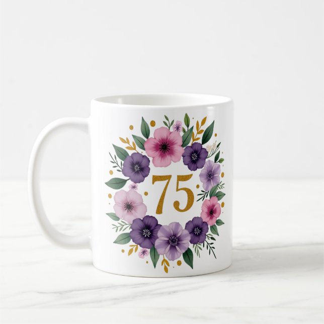 75ème Anniversaire Mug - Couronne florale avec num (Gauche)