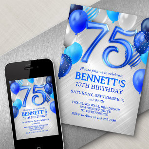 75th Mens Blue Birthday Invitation
