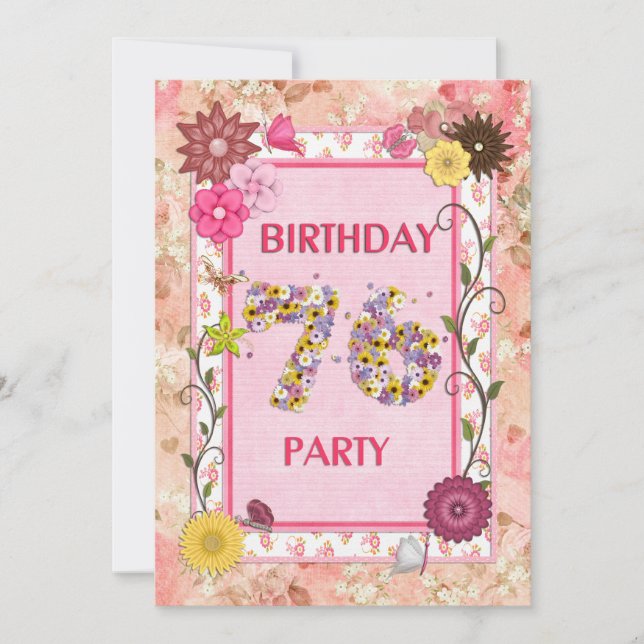 76e anniversaire invitation fête avec cadre fleuri (Devant)