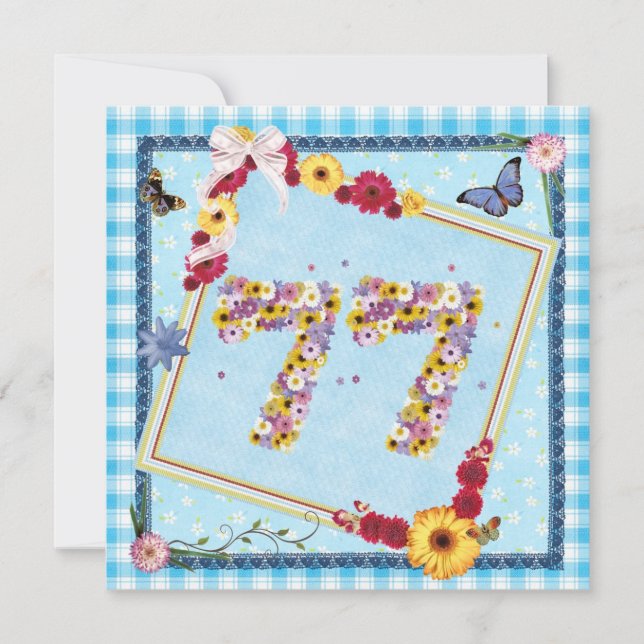 77e fête d'anniversaire Invitation fleurs, papillo (Devant)