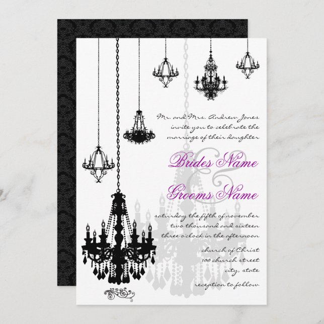 7 Chandeliers noirs Invitations de mariage (Devant / Derrière)