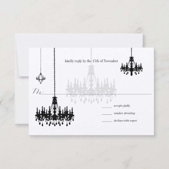 7 Chandeliers Noirs Mariage Cartes RSVP (Devant)