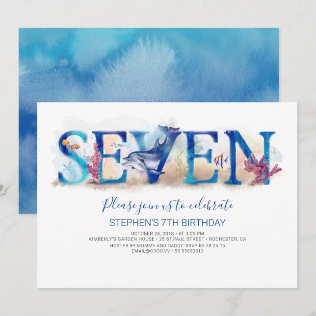 7 Invitation d'anniversaire Bleu profond sous la v (Devant / Derrière)