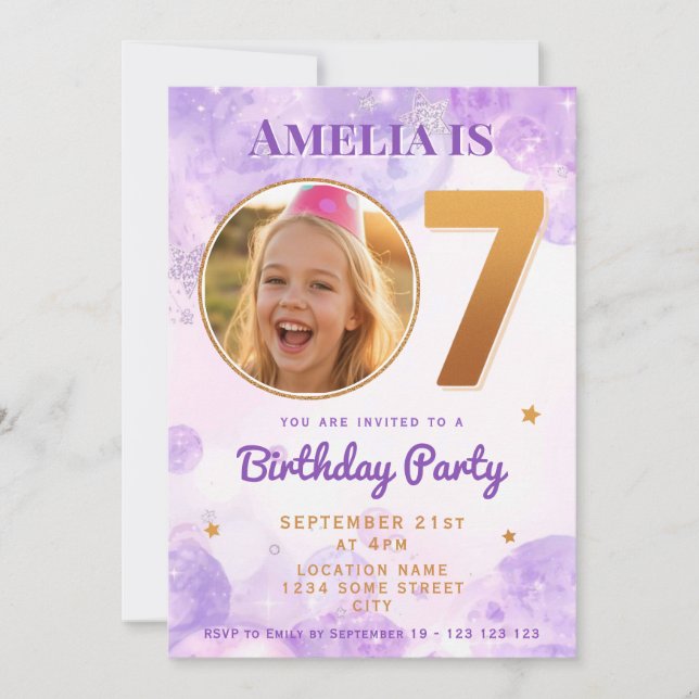 7 Purple Gold Star Bubbles Birthday Invitation (Devant)