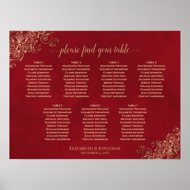 7 Tableau Crimson Rouge et Or Mariage Sièges (Devant)