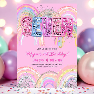 7e anniversaire Invitation Girl Editable Rainbow S