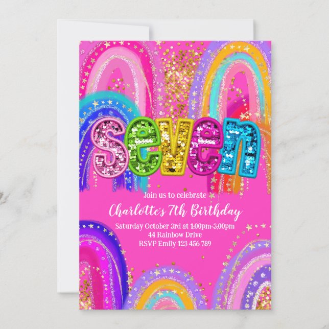 7e anniversaire Rainbow Hot Pink Party Invitation (Devant)