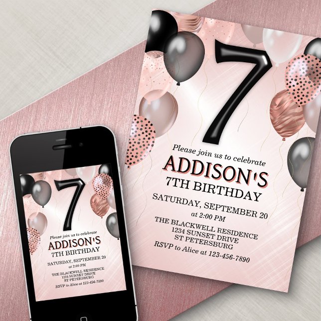 7e anniversaire Rose Gold Balloons Invitation (Créateur téléchargé)