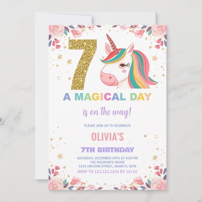 7e anniversaire Unicorn Anniversaire Invitations (Devant)