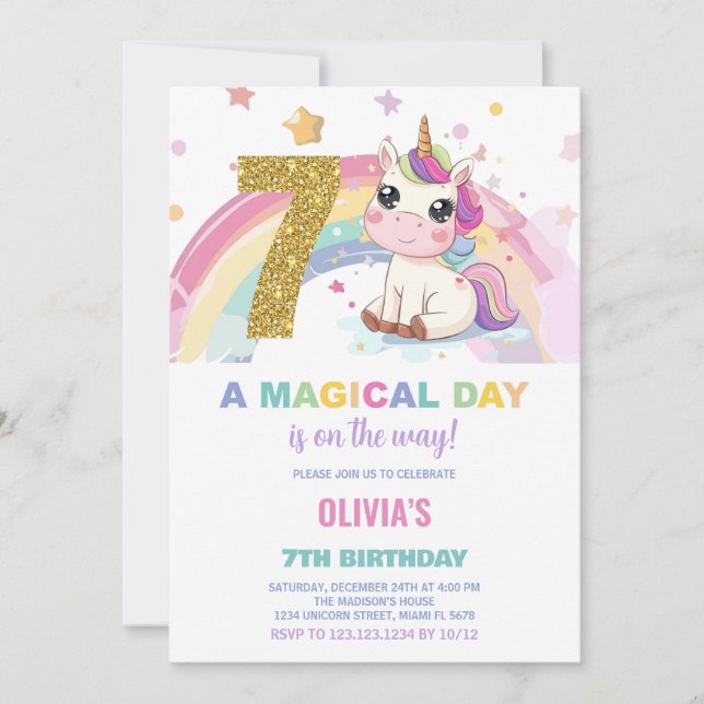 7e anniversaire Unicorn Anniversaire Invitations (Devant)