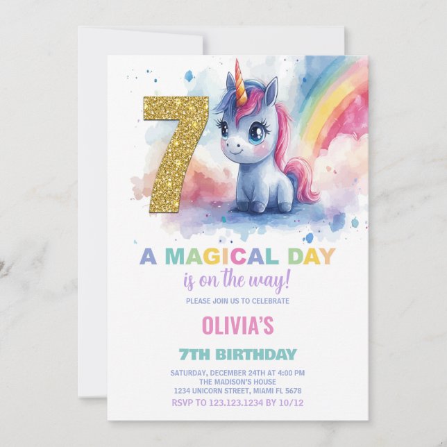 7e anniversaire Unicorn Anniversaire Invitations (Devant)