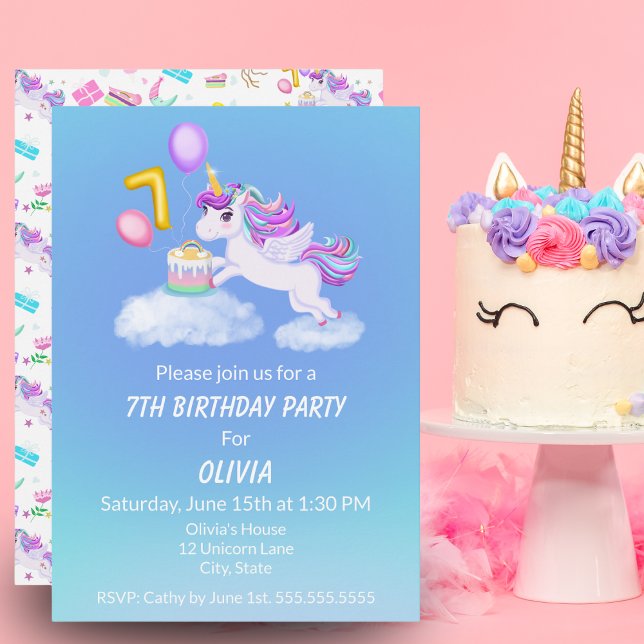 7e anniversaire Unicorne avec invitation de gâteau (Créateur téléchargé)