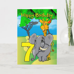 7e carte d'anniversaire - Elephant, Giraffe, Jungl