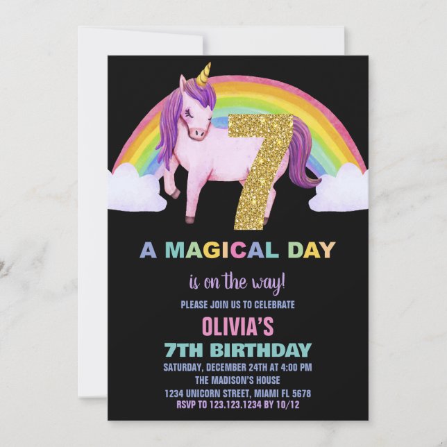 7e Rainbow Unicorn Anniversaire Invitations Partie (Devant)