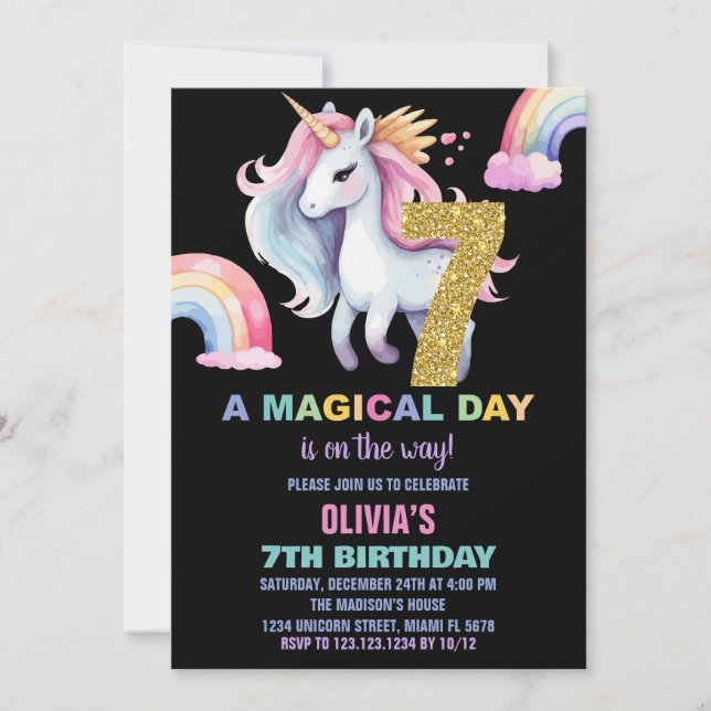 7e Rainbow Unicorn Anniversaire Invitations waterc (Devant)