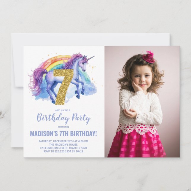 7e Rainbow Unicorn Birthday Invitations photo (Devant)