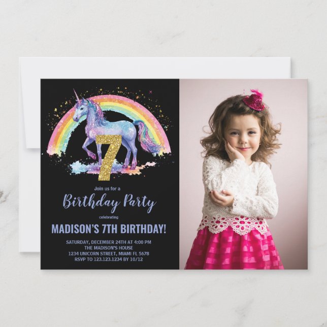 7e Rainbow Unicorn Birthday Invitations photo (Devant)