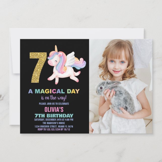 7e Rainbow Unicorn Birthday Invitations photo (Devant)